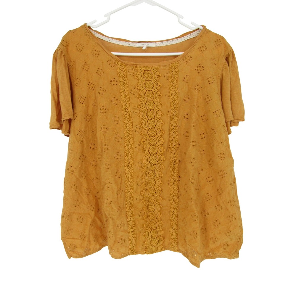 Yellow Top Sz. 2 Mustard Yellow Eyelet Lace‎ Crochet Flutter Sleeve Boho Cottage